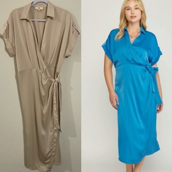 Entro Women's Wrap Collared Midi Dress Medium Tan Taupe Satin Formal - Picture 1 of 17